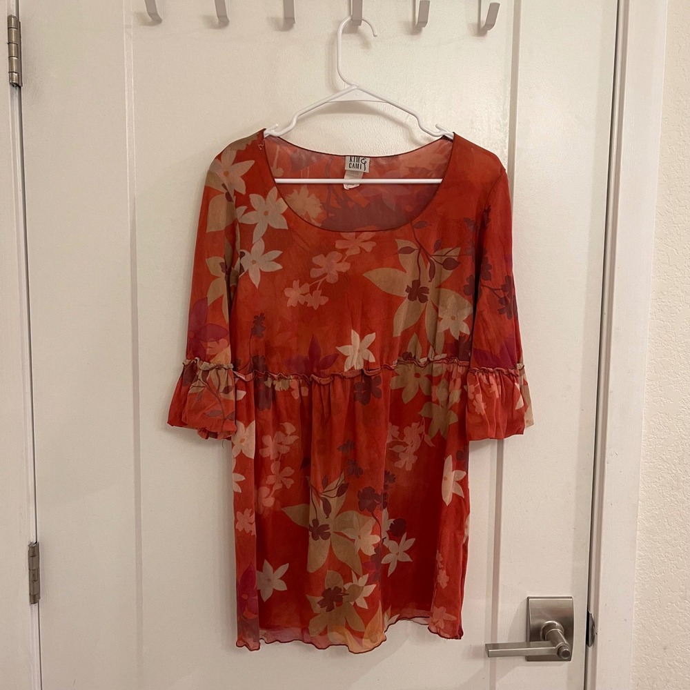 Vintage Y2K Babydoll Mesh Sheer Blouse Floral Orange Frill Fairycore Whimsey